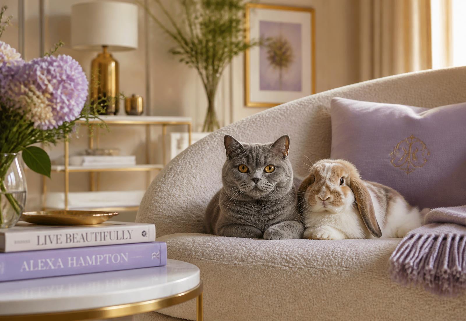 A British shorthair cat and a lop-eared rabbit resting together on a cream sofa